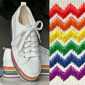 Keds Rainbow Pride Canvas Platform Sneakers Embroidered Zig Zag White Gold